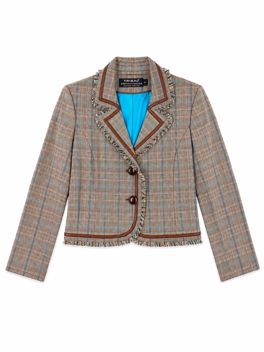 2000s Y2K Tribal Stretch Plaid Fringe Trim Blazer Brown Blue Two Button Jacket 8